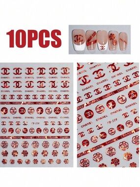 New 10pc Red Metallic Nail Art Sticker Sheet - Luxury Logo & Floral Accents